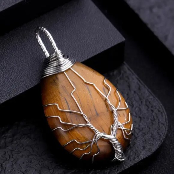Tiger Eye Natural Gemstone Tree Of Life Wire Wrap Pendant Necklace - Picture 2 of 2
